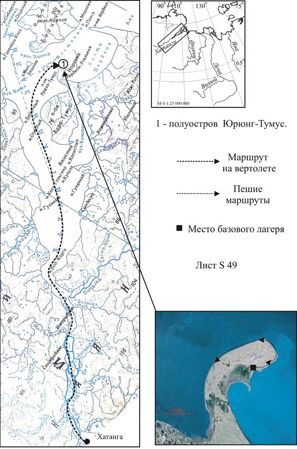 Схема района работ Нордвик – Хатангского отряда ИНГГ СО РАН в 2014г