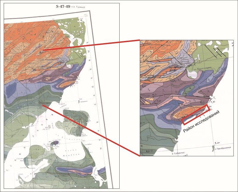 Фрагмент геологической карты Российской федерации S-47-49 (1:1 000 000), 1988 г. Район исследований.